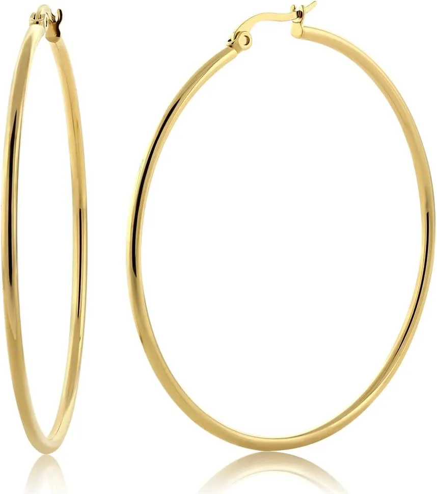 Gem Stone King 2 Inch Stunning Stainless Steel Yellow Gold Plated Hoop Earrings (50mm Diameter)
