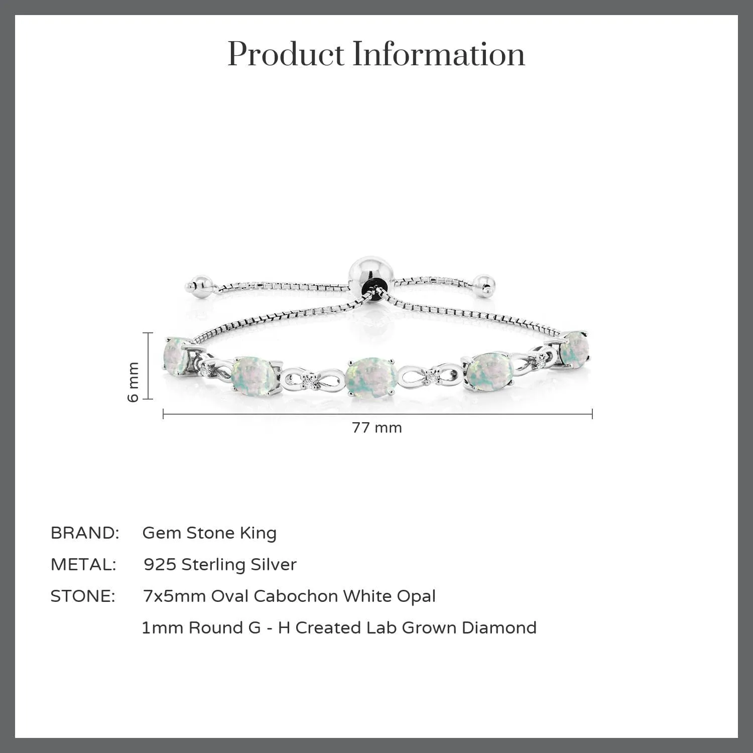 Gem Stone King 7X5MM Oval Cut Gemstone Birthstone and Accent Lab Grown Diamond Tennis Bracelet For Women In 925 Sterling Silver | Adjustable Bolo Bracelet For Women | Easy-On Easy-Off