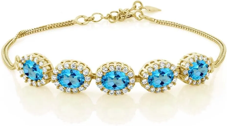 Gem Stone King 7X5MM Oval Cut Gemstone Birthstone Tennis Bracelet For Women In 18K Yellow Gold Plated Silver | 7 Inch with 1.5 Inch Extender | Fine Jewelry Gifts for Her Mom Women Wife