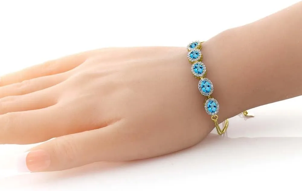 Gem Stone King 7X5MM Oval Cut Gemstone Birthstone Tennis Bracelet For Women In 18K Yellow Gold Plated Silver | 7 Inch with 1.5 Inch Extender | Fine Jewelry Gifts for Her Mom Women Wife