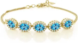 Gem Stone King 7X5MM Oval Cut Gemstone Birthstone Tennis Bracelet For Women In 18K Yellow Gold Plated Silver | 7 Inch with 1.5 Inch Extender | Fine Jewelry Gifts for Her Mom Women Wife