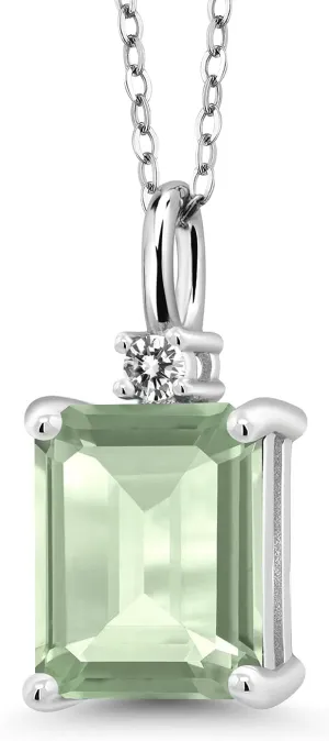 Gem Stone King 925 Silver Green Prasiolite and White Diamond Pendant Necklace For Women (2.93 Cttw, Gemstone Birthstone, Emerald Cut 10X8MM with 18 Inch Silver Chain)