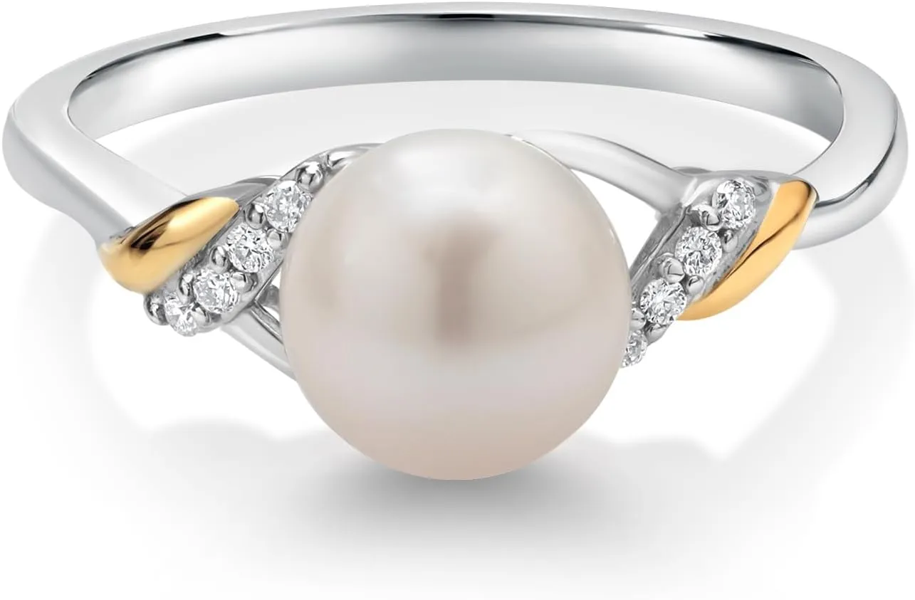 Gem Stone King 925 Sterling Silver and 10K Yellow Gold Cultured Freshwater Pearl and Lab Grown Diamond Ring for Women (Round 7-7.5MM Pearl, Available in Size 5,6,7,8,9)