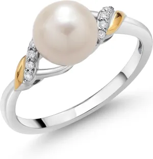 Gem Stone King 925 Sterling Silver and 10K Yellow Gold Cultured Freshwater Pearl and Lab Grown Diamond Ring for Women (Round 7-7.5MM Pearl, Available in Size 5,6,7,8,9)
