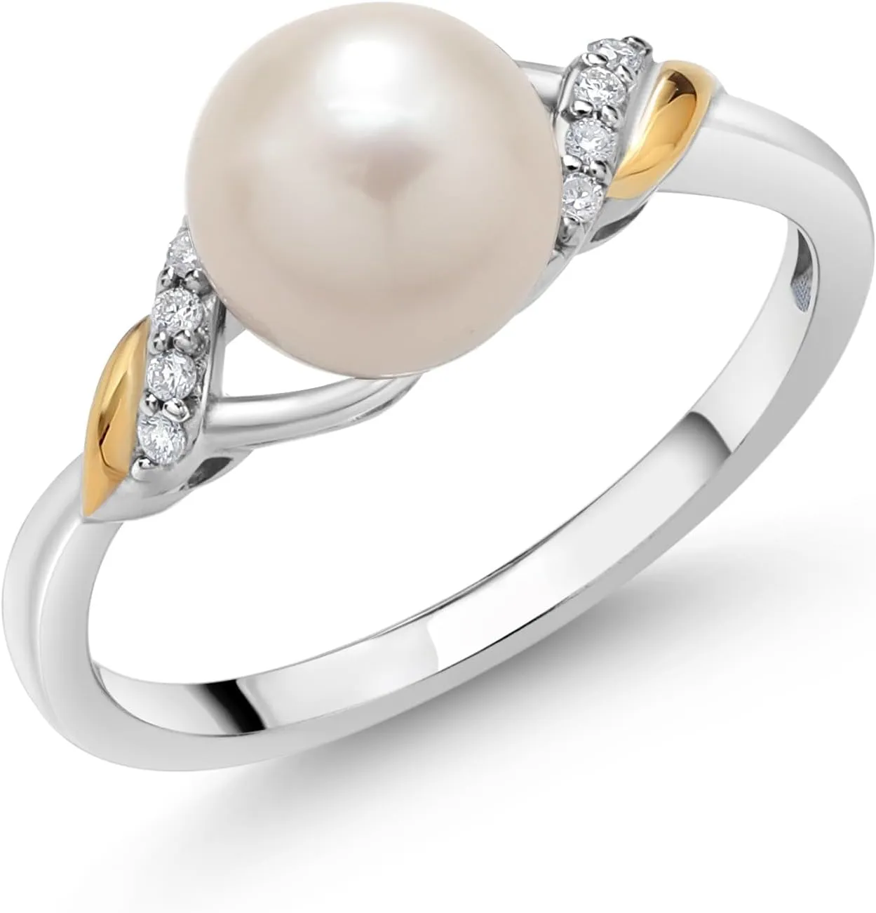 Gem Stone King 925 Sterling Silver and 10K Yellow Gold Cultured Freshwater Pearl and Lab Grown Diamond Ring for Women (Round 7-7.5MM Pearl, Available in Size 5,6,7,8,9)