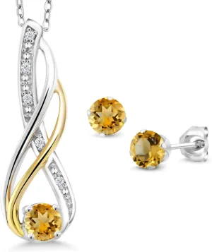 Gem Stone King 925 Sterling Silver and 10K Yellow Gold Yellow Citrine and Diamond Pendant and Earrings Jewelry Set For Women (0.82 Cttw, Gemstone Birthstone, with 18 Inch Chain)