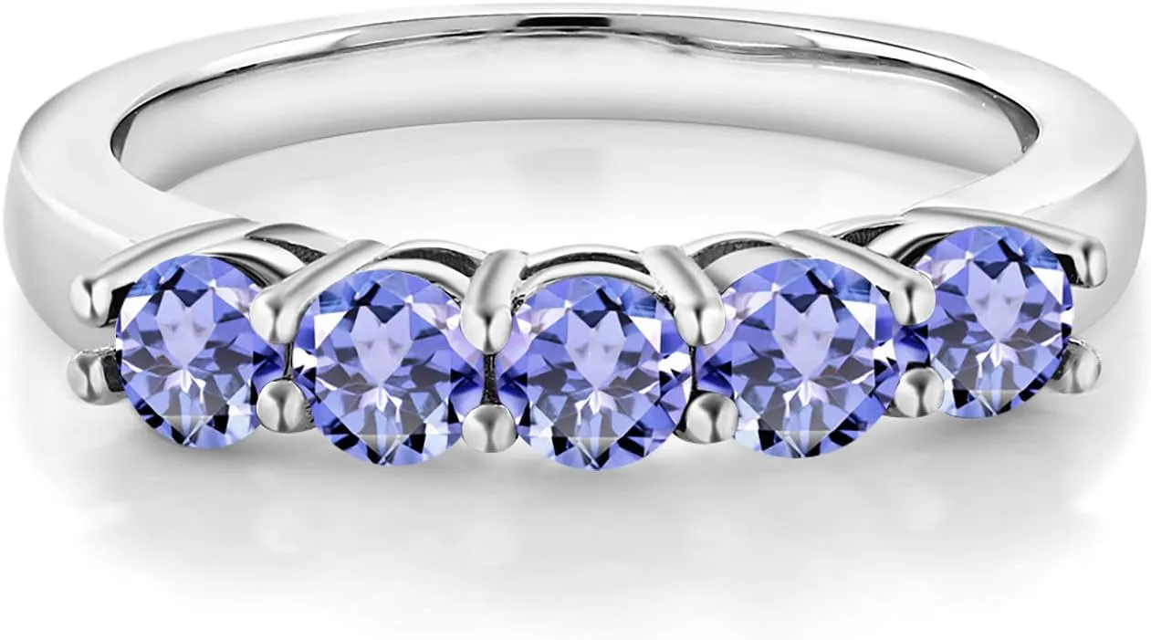 Gem Stone King 925 Sterling Silver Blue Tanzanite 5-Stone Wedding Anniversary Band Ring For Women (0.90 Cttw, Gemstone December Birthstone, Available In Size 5, 6, 7, 8, 9)