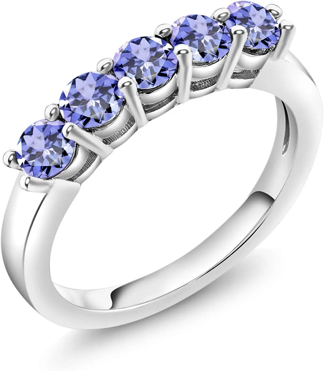 Gem Stone King 925 Sterling Silver Blue Tanzanite 5-Stone Wedding Anniversary Band Ring For Women (0.90 Cttw, Gemstone December Birthstone, Available In Size 5, 6, 7, 8, 9)