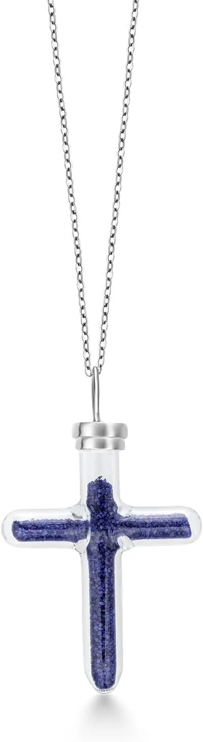 Gem Stone King 925 Sterling Silver Cross Pendant Necklace with Blue Sapphire Dust in Glass - Birthstone Gemstone on 18 Inch Silver Chain (10.00 Cttw, Length: 1.5 Inch)