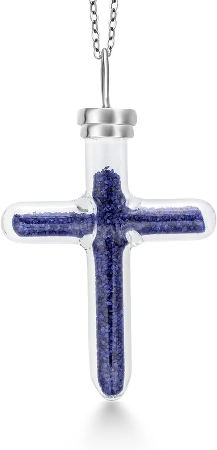 Gem Stone King 925 Sterling Silver Cross Pendant Necklace with Blue Sapphire Dust in Glass - Birthstone Gemstone on 18 Inch Silver Chain (10.00 Cttw, Length: 1.5 Inch)