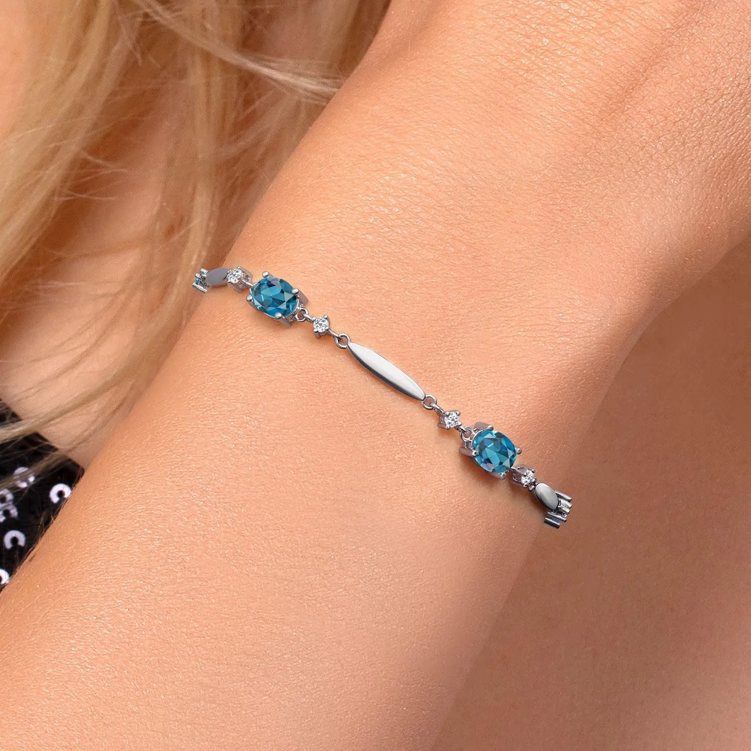 Gem Stone King 925 Sterling Silver Gemstone Birthstone and White Topaz Tennis Bracelet For Women | Oval 7X5MM and 2MM | 6 Inch   1 Inch Extender | Fine Jewelry for Her Mom Wife