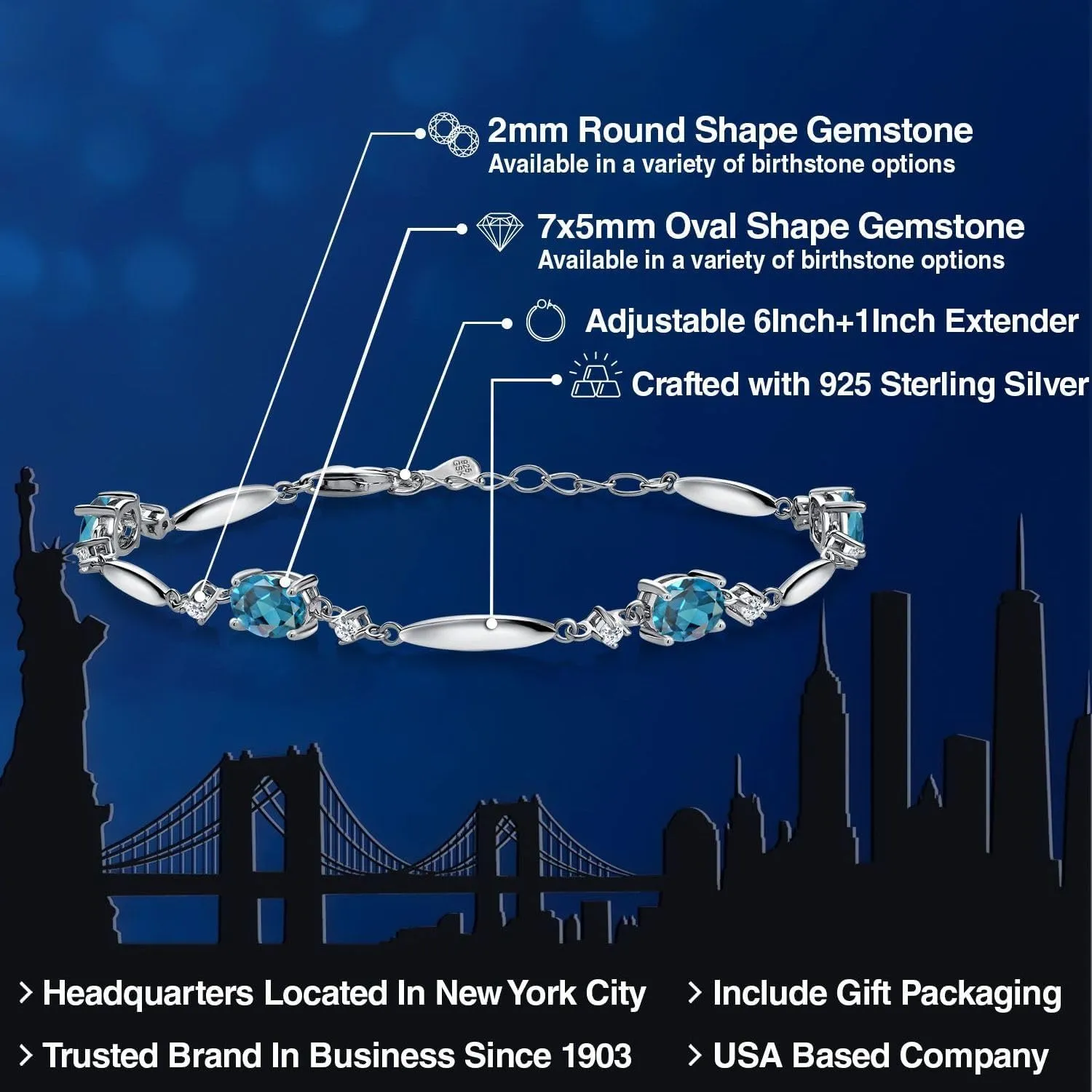 Gem Stone King 925 Sterling Silver Gemstone Birthstone and White Topaz Tennis Bracelet For Women | Oval 7X5MM and 2MM | 6 Inch   1 Inch Extender | Fine Jewelry for Her Mom Wife