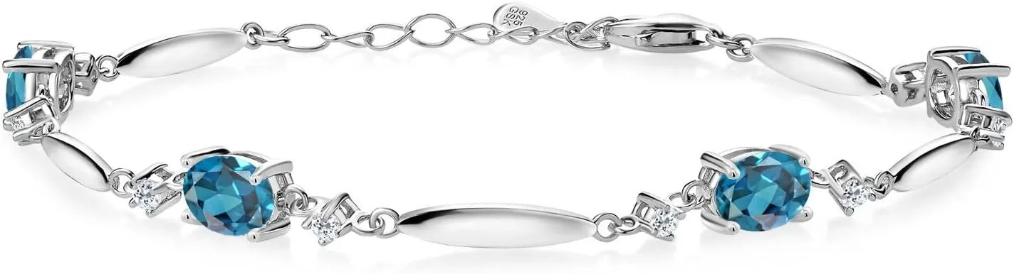 Gem Stone King 925 Sterling Silver Gemstone Birthstone and White Topaz Tennis Bracelet For Women | Oval 7X5MM and 2MM | 6 Inch   1 Inch Extender | Fine Jewelry for Her Mom Wife