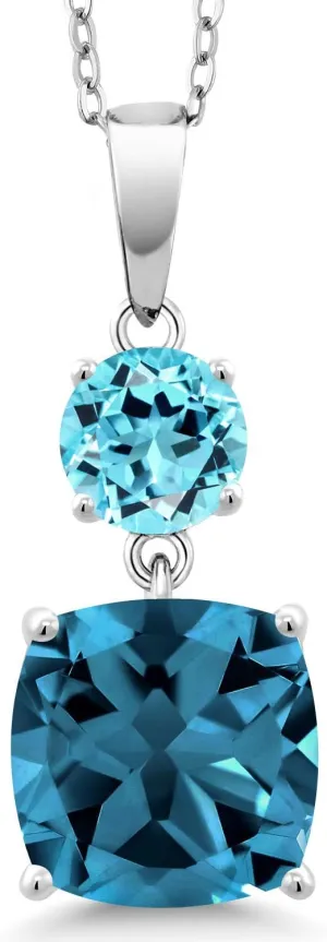 Gem Stone King 925 Sterling Silver London Blue Topaz and Swiss Blue Topaz Pendant Necklace For Women (6.20 Cttw, Gemstone November Birthstone, Cushion 10MM, Round 6MM)