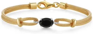 Gem Stone King 925 Two Tone Sterling Silver Black Onyx & White Lab Grown Diamond Bracelet For Women | 1.64 Cttw | Gemstone Birthstone | Oval 8X6MM | 6.5/7/7.5 Inches, Made In Italy