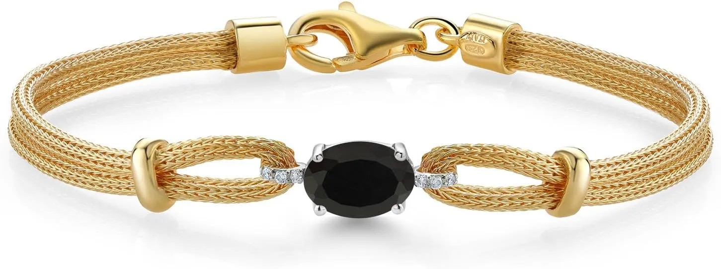 Gem Stone King 925 Two Tone Sterling Silver Black Onyx & White Lab Grown Diamond Bracelet For Women | 1.64 Cttw | Gemstone Birthstone | Oval 8X6MM | 6.5/7/7.5 Inches, Made In Italy