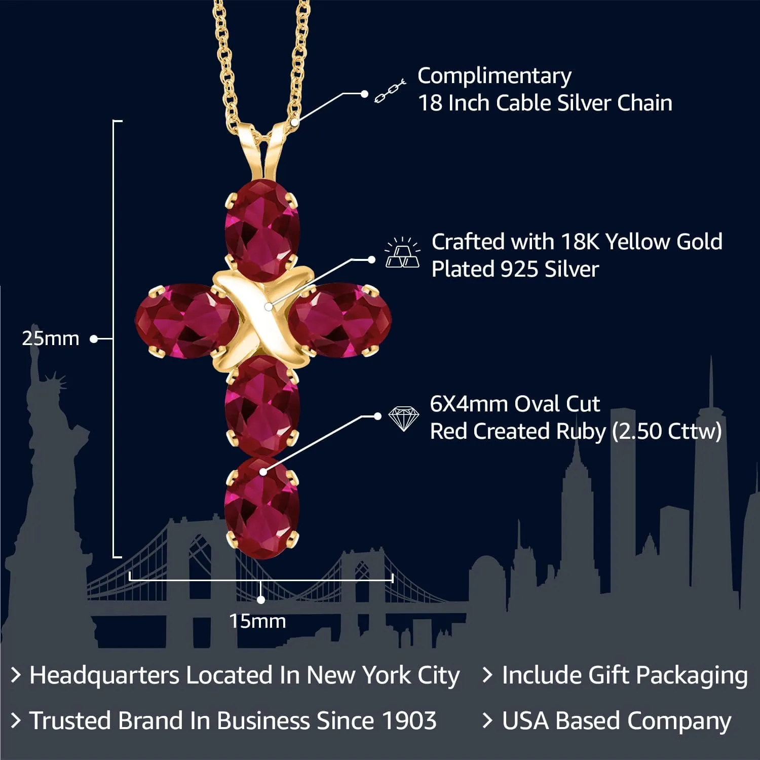 Gem Stone King Gemstone Birthstone Cross Necklace | 18K Yellow Gold Plated Silver | Christian Gifts | Oval 6X4MM | Jesus Christian Religious Crucifix Pendant Necklace for Women | 18 Inch Silver Chain