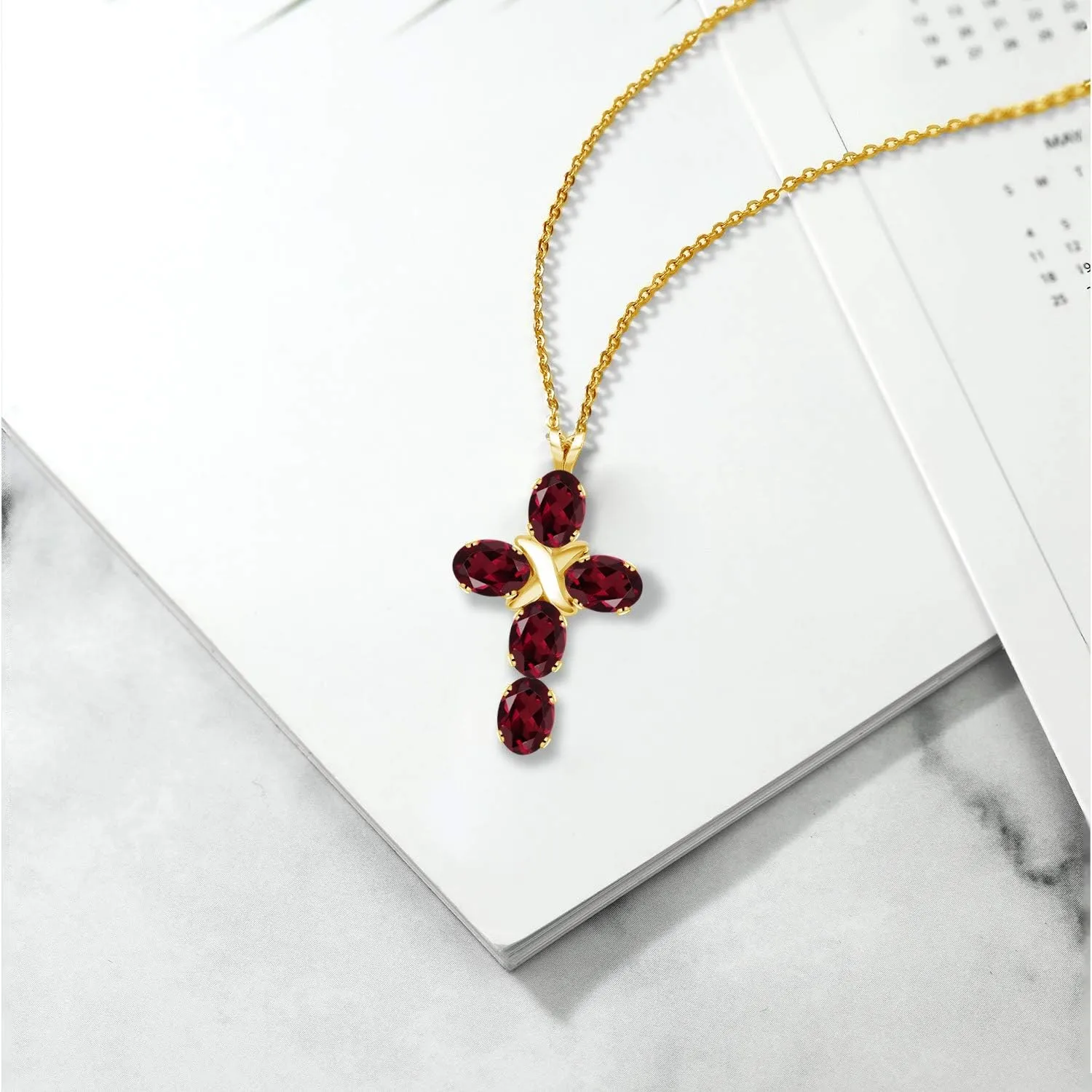 Gem Stone King Gemstone Birthstone Cross Necklace | 18K Yellow Gold Plated Silver | Christian Gifts | Oval 6X4MM | Jesus Christian Religious Crucifix Pendant Necklace for Women | 18 Inch Silver Chain