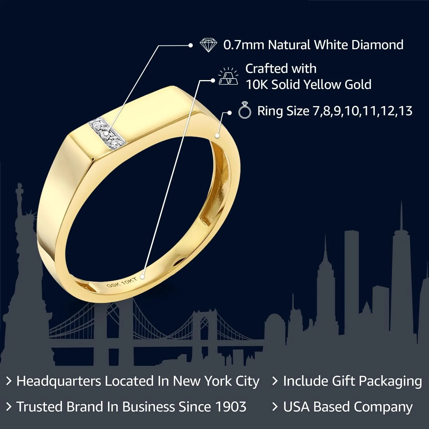 Gem Stone King Men's 10K Solid Yellow Gold White Diamond Wedding Anniversary Ring (Available In Size 7,8,9,10,11,12,13)