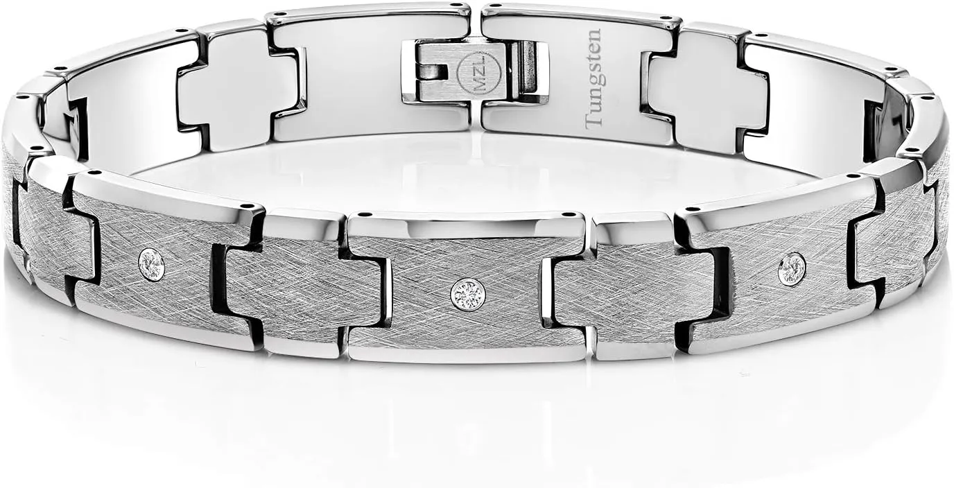 Gem Stone King Mens 3 Round Lab Grown Diamonds Satin and Polish Finish Tungsten Carbide Bracelet