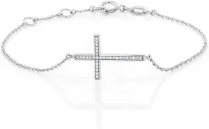 Gem Stone King Solid 10K White Gold White Diamond Cross Tennis Bracelet | 0.5 Inch | Fits 6.5 Inches | Religious Jewelry For Women