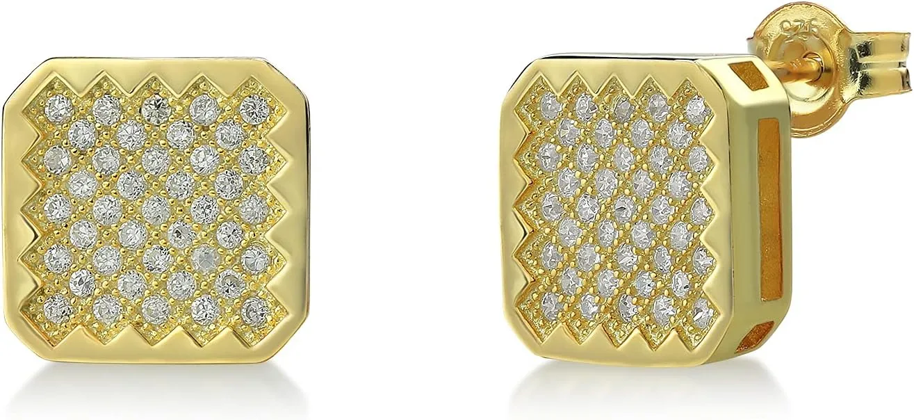 Gem Stone King Square 18K Yellow Gold Plated Sterling Silver Stud Earrings For Women Men with 10mm Cubic Zirconia CZ