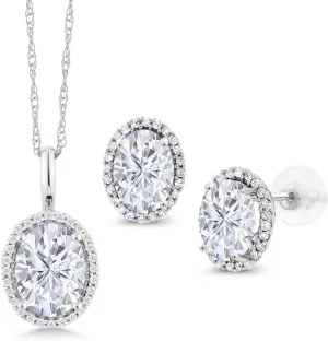 Gem Stone King White Moissanite and Diamond Halo Pendant and Earrings Jewelry Set For Women | 10K White Gold | Oval 8X6MM and 7X5MM | 3.83 Cttw | With 18 Inch Gold Chain