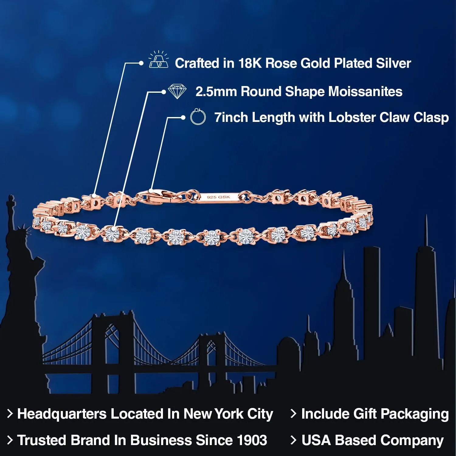 Gem Stone King White Moissanite Tennis Bracelet For Women | 925 Sterling Silver | 1.76 Cttw | Round 2.5MM | 7 Inch | Fine Jewelry Gifts for Her Mom Women Wife