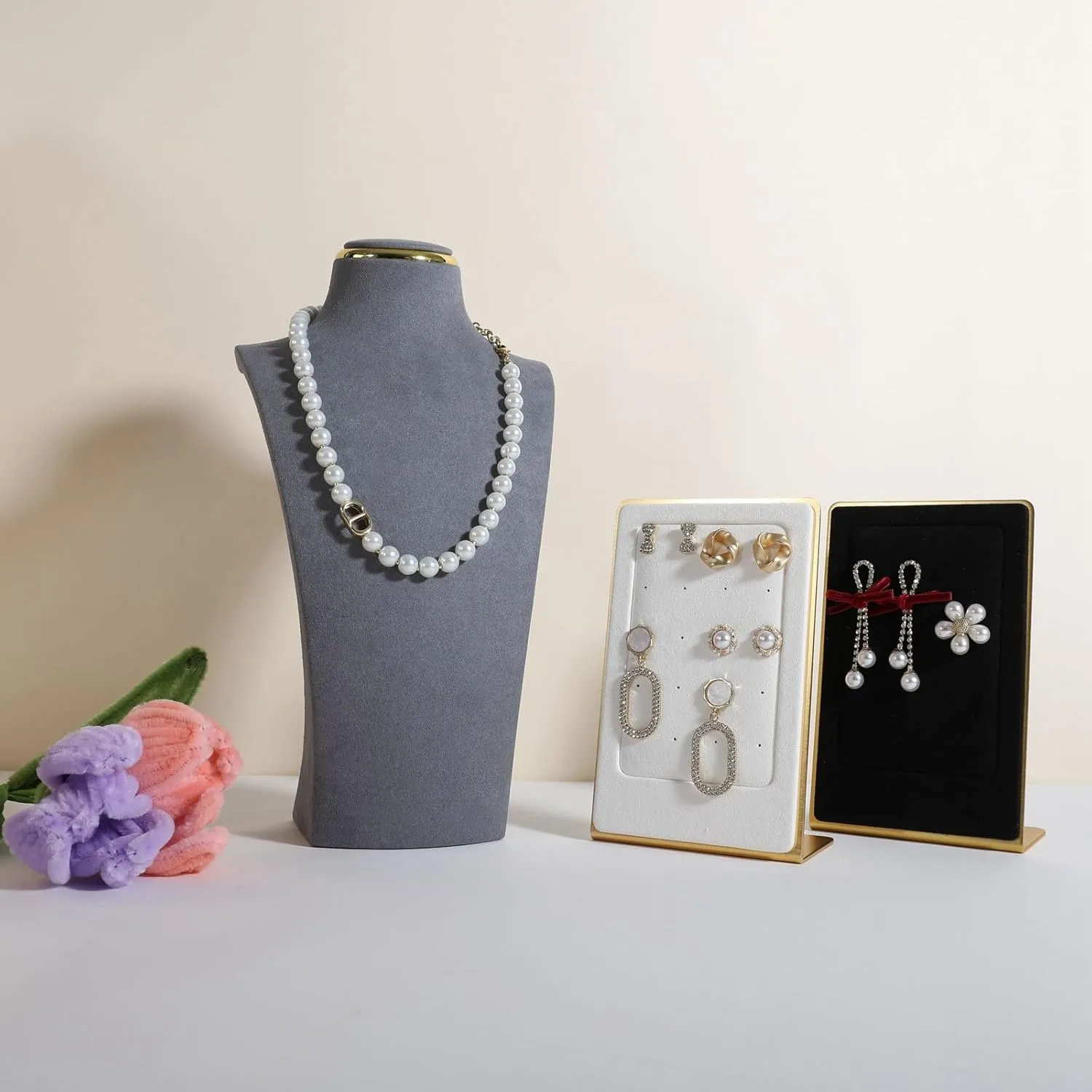 GemeShou Grey necklace display stands for selling, Velvet necklace storage organizer, Necklace mannequin jewelry bust holder for boutique storeGrey-Medium height 10.2 inch