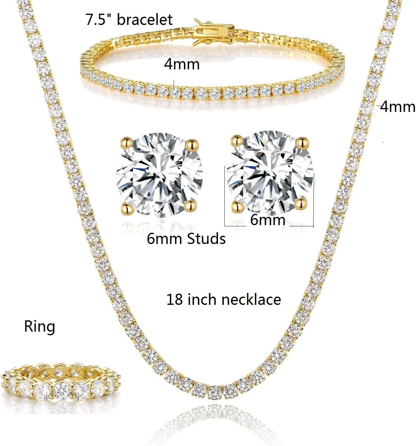 Gemsme 18K Yellow Gold Plated Tennis Necklace/Bracelet/Earrings/Band Ring Sets Pack of 4