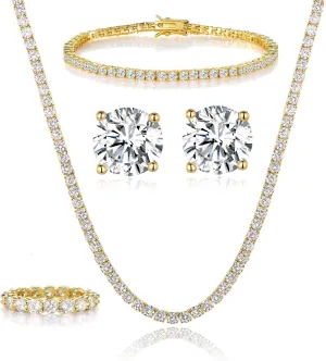 Gemsme 18K Yellow Gold Plated Tennis Necklace/Bracelet/Earrings/Band Ring Sets Pack of 4