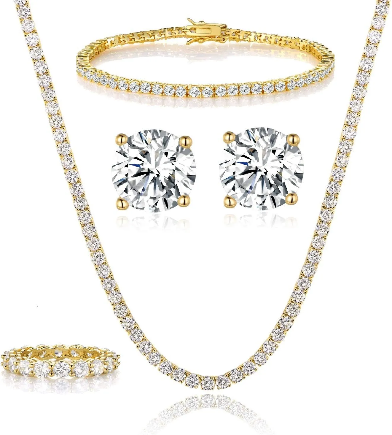 Gemsme 18K Yellow Gold Plated Tennis Necklace/Bracelet/Earrings/Band Ring Sets Pack of 4