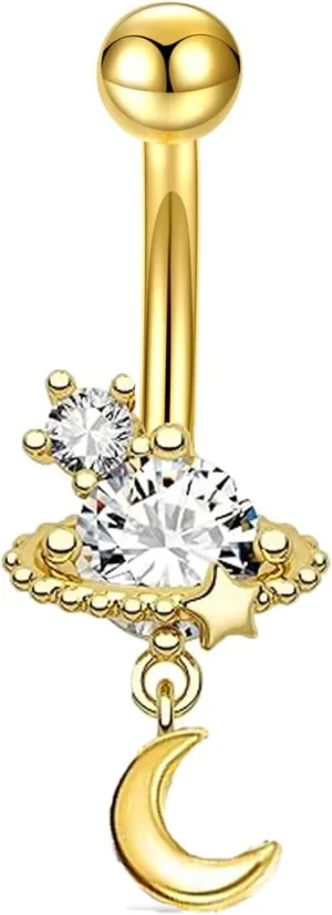 Generic 14K Yellow Gold Belly Ring Saturn Star Moon 8MM 14k Gold Barbell Belly Navel Piercing Jewelry
