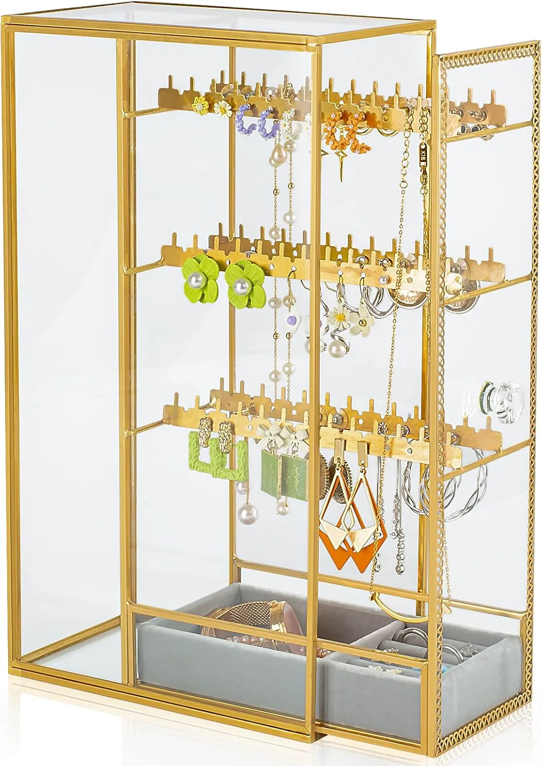Glass Earring Holder Organizer, Jewelry Organizer Earrings Holder with Hanging Hook, Glass Earring Display Box for Necklace Ring Storage