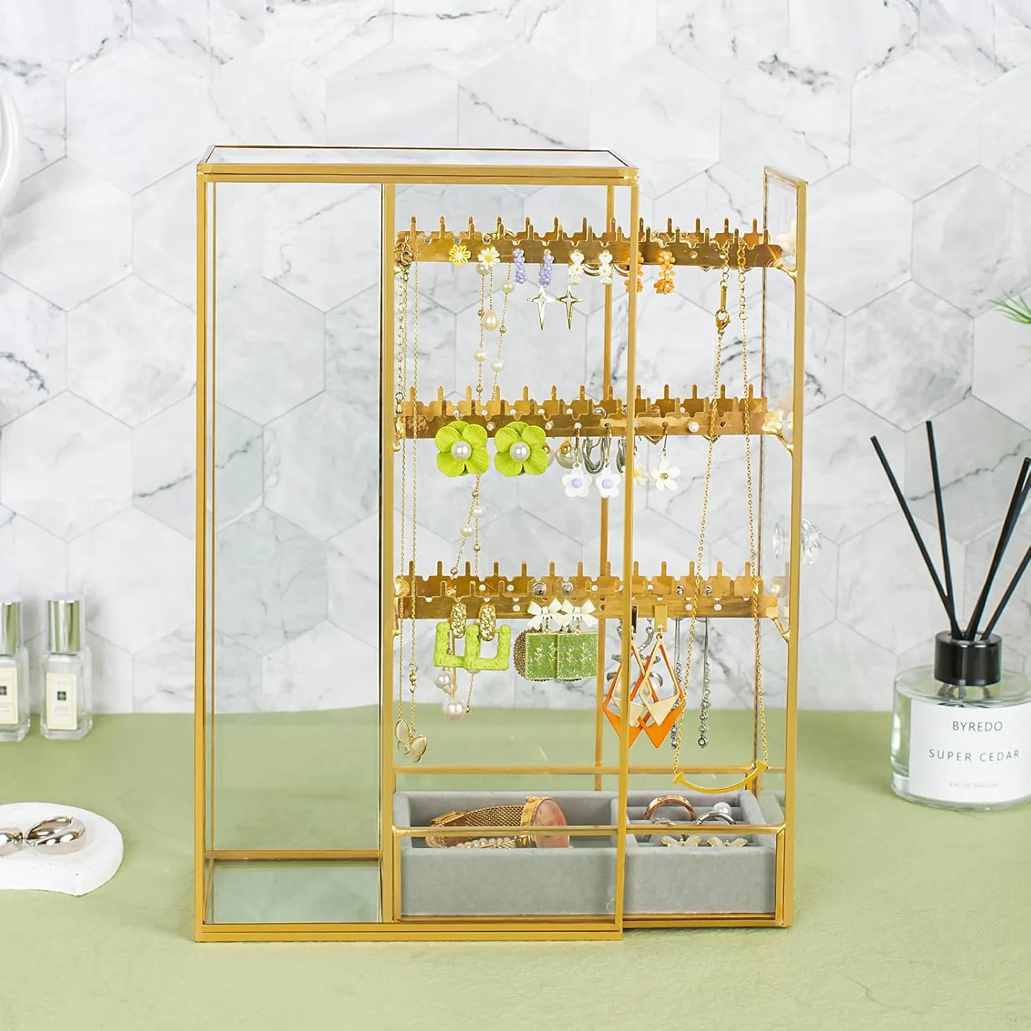 Glass Earring Holder Organizer, Jewelry Organizer Earrings Holder with Hanging Hook, Glass Earring Display Box for Necklace Ring Storage