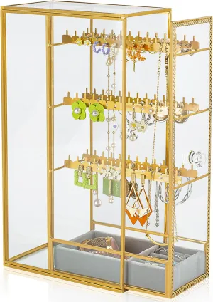 Glass Earring Holder Organizer, Jewelry Organizer Earrings Holder with Hanging Hook, Glass Earring Display Box for Necklace Ring Storage