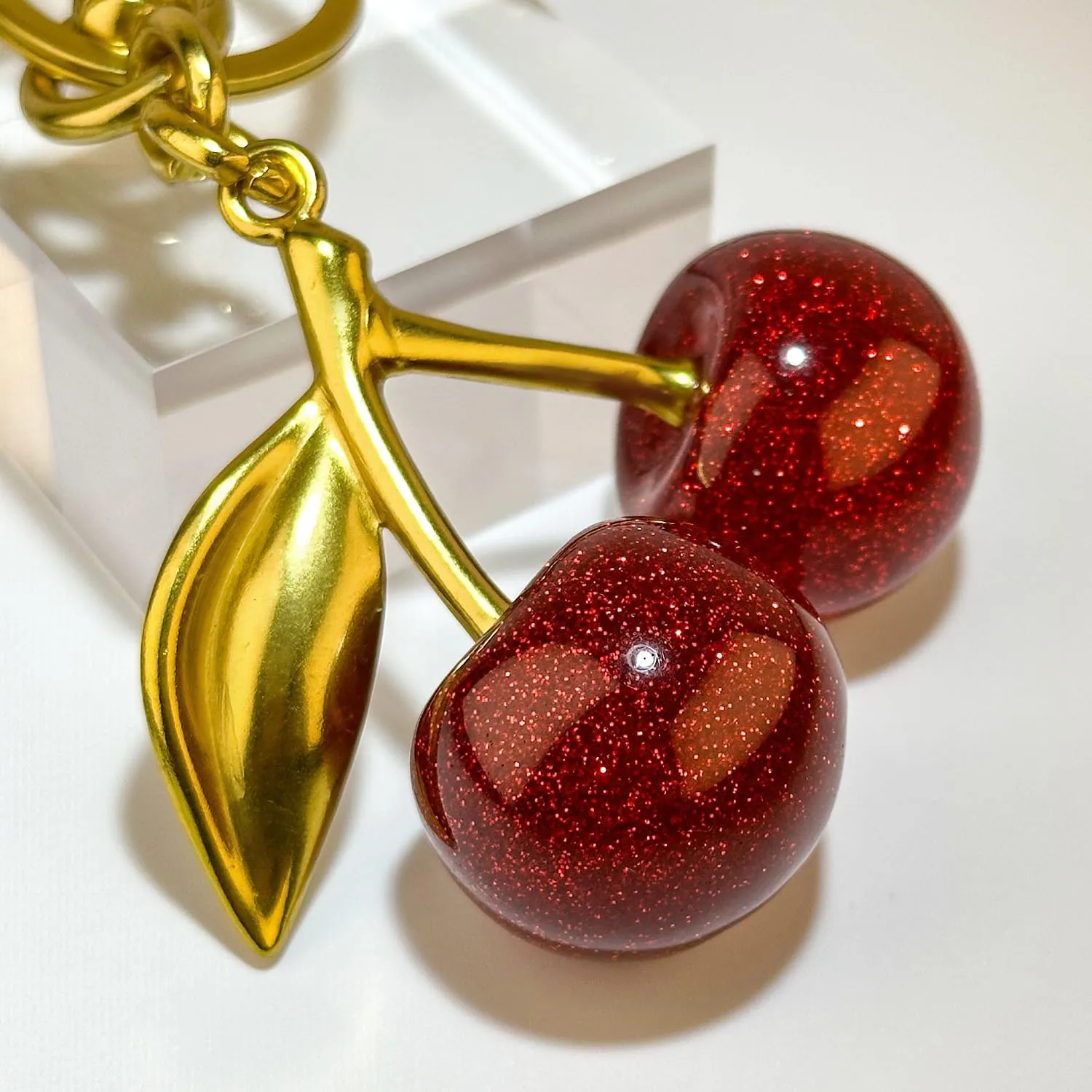 Glitter Cherry Bag Charm with Key Ring and Clip, Cute Cherry Keychain for Women's Purses and Handbags