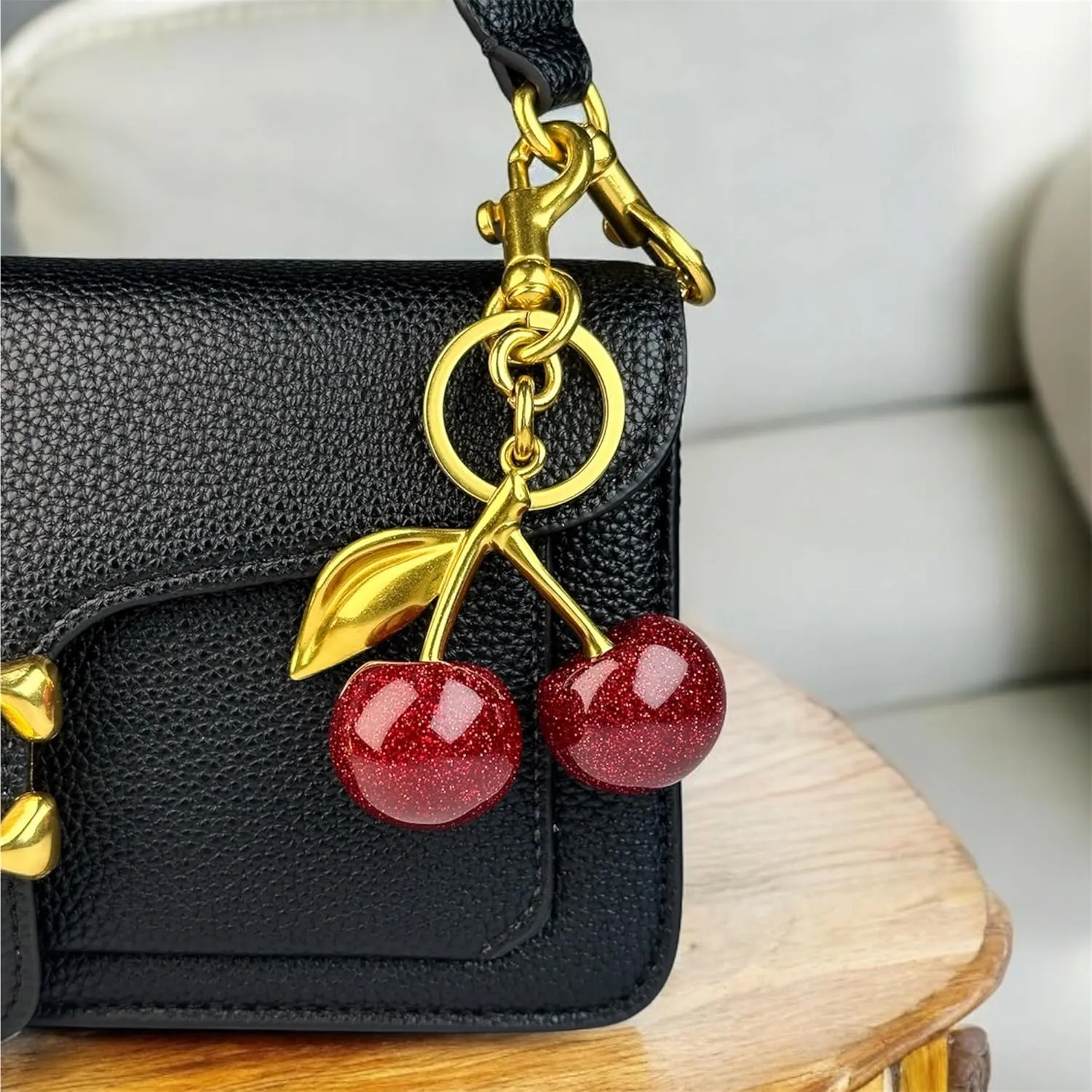 Glitter Cherry Bag Charm with Key Ring and Clip, Cute Cherry Keychain for Women's Purses and Handbags