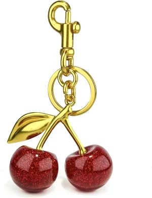Glitter Cherry Bag Charm with Key Ring and Clip, Cute Cherry Keychain for Women's Purses and Handbags