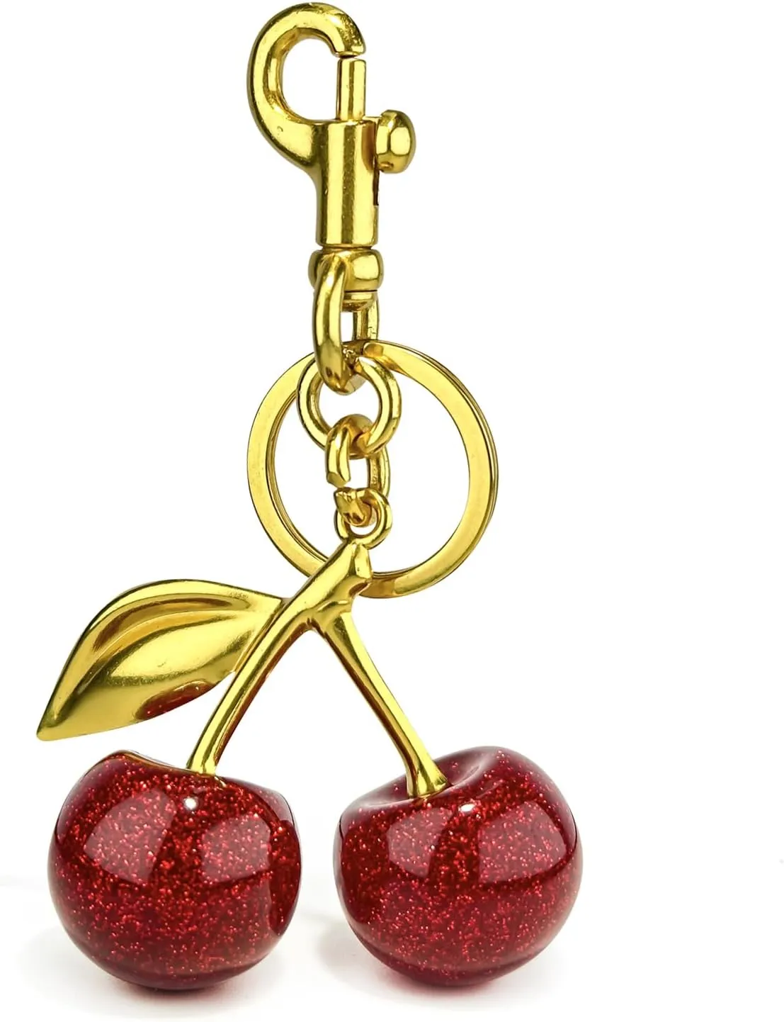 Glitter Cherry Bag Charm with Key Ring and Clip, Cute Cherry Keychain for Women's Purses and Handbags