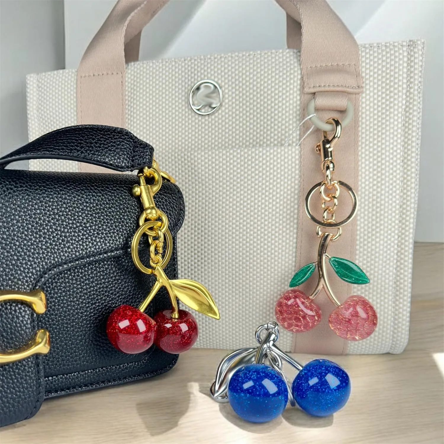 Glitter Cherry Bag Charm with Key Ring and Clip, Cute Cherry Keychain for Women's Purses and Handbags