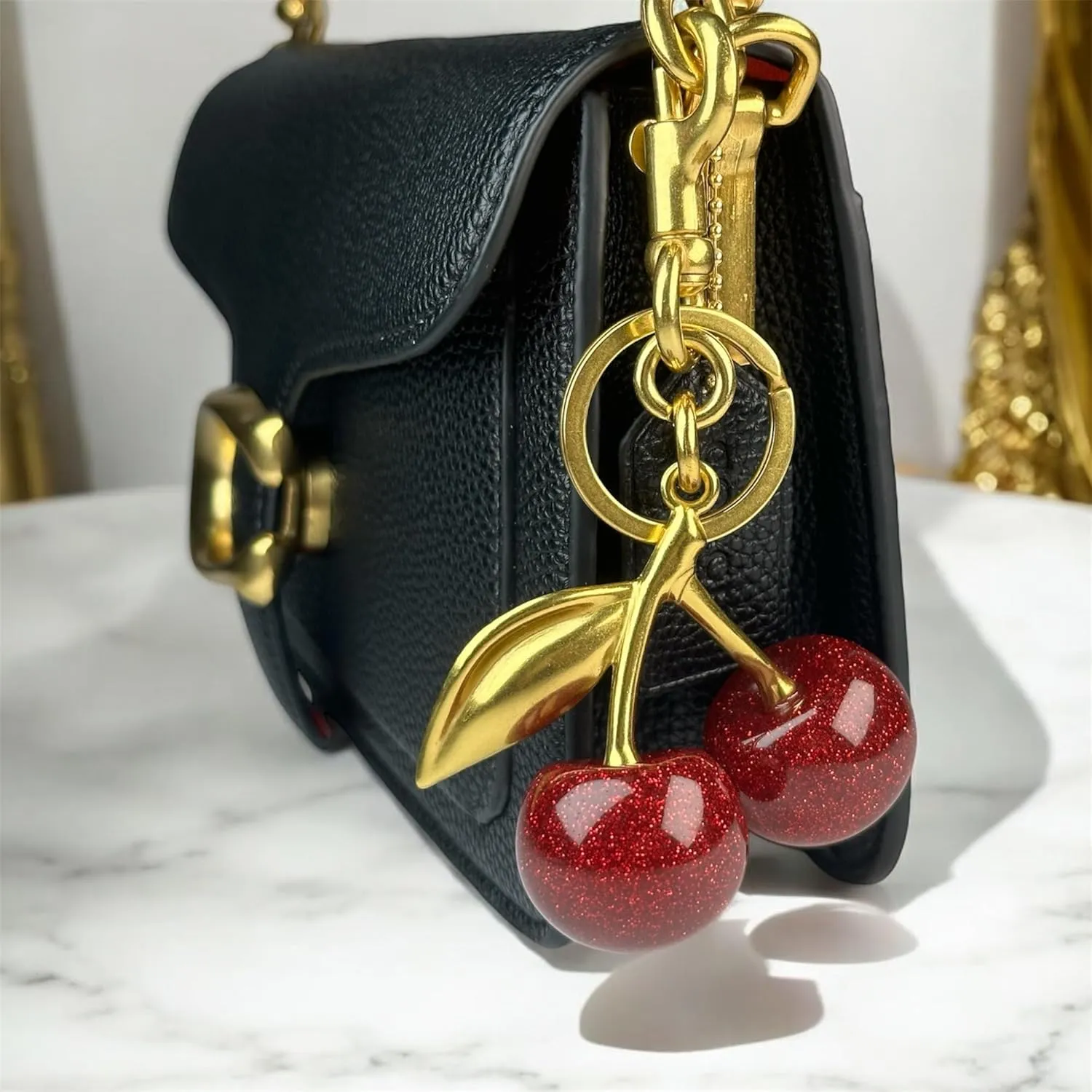Glitter Cherry Bag Charm with Key Ring and Clip, Cute Cherry Keychain for Women's Purses and Handbags