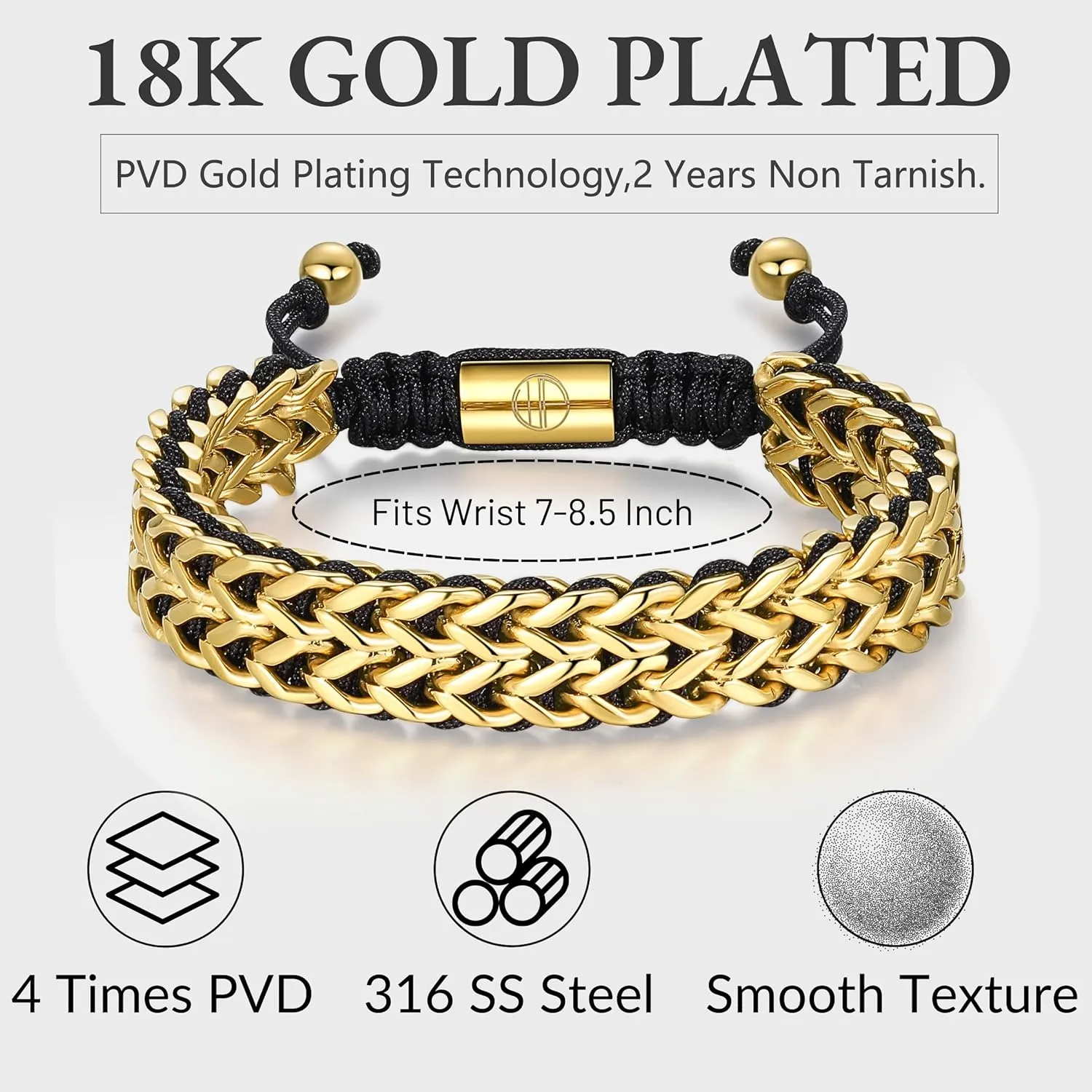 Gold Bracelets for Men 18K Gold Plated Franco Link Chain Stainless Steel Bracelet Adjustable Bracelet Men Non Tarnish Mens Jewelry Birthday Gift
