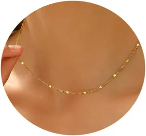 Gold Chain for Women 18K Gold Plated Choker Necklace Dainty Satellite Beaded Chain Necklace Stainless Steel Cuban Link Thin Dot Chain Simple Gold Jewelry