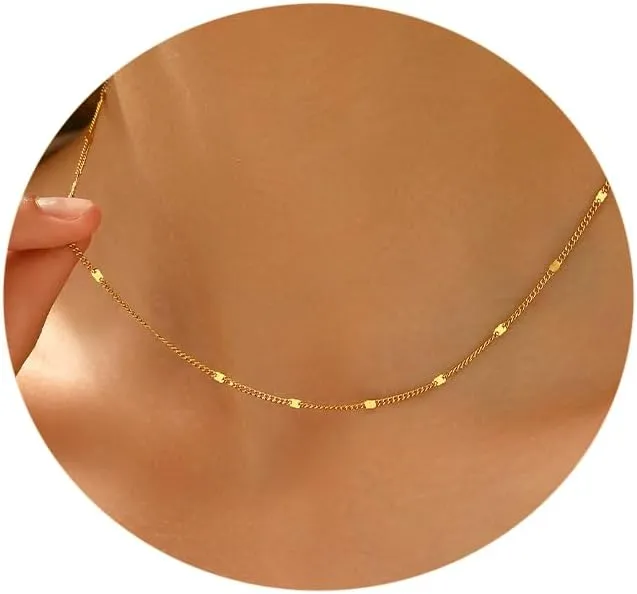 Gold Chain for Women 18K Gold Plated Choker Necklace Dainty Satellite Beaded Chain Necklace Stainless Steel Cuban Link Thin Dot Chain Simple Gold Jewelry