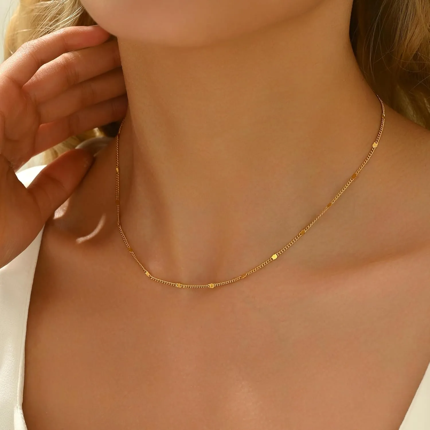 Gold Chain for Women 18K Gold Plated Choker Necklace Dainty Satellite Beaded Chain Necklace Stainless Steel Cuban Link Thin Dot Chain Simple Gold Jewelry