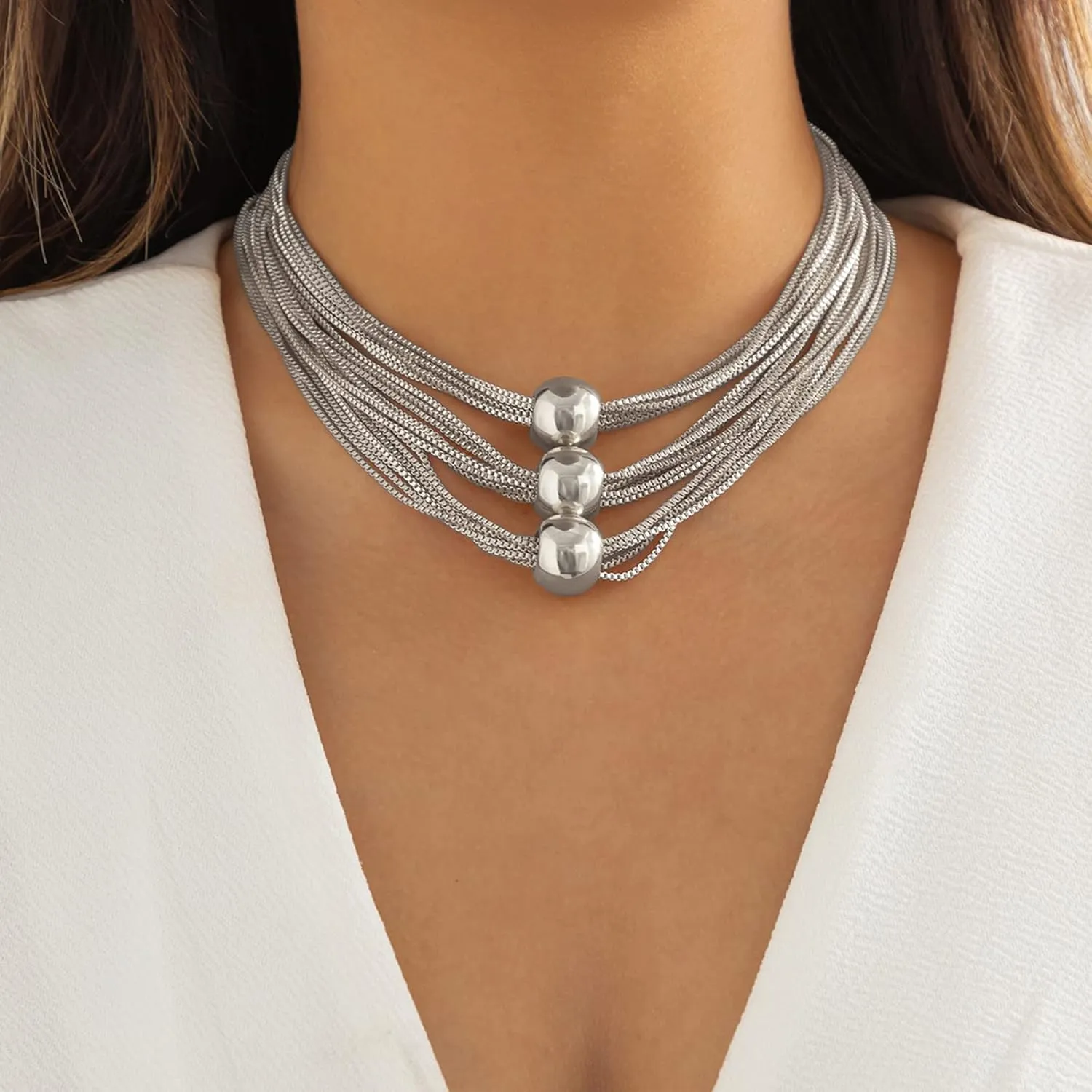 Gold Chunky Neckalce for Women Statement Choker Necklace Layered Tassel Necklace for Girls Big Round Ball Pendant Necklace Geometric Chain Beaded Choker Necklace for Birthday Gifts