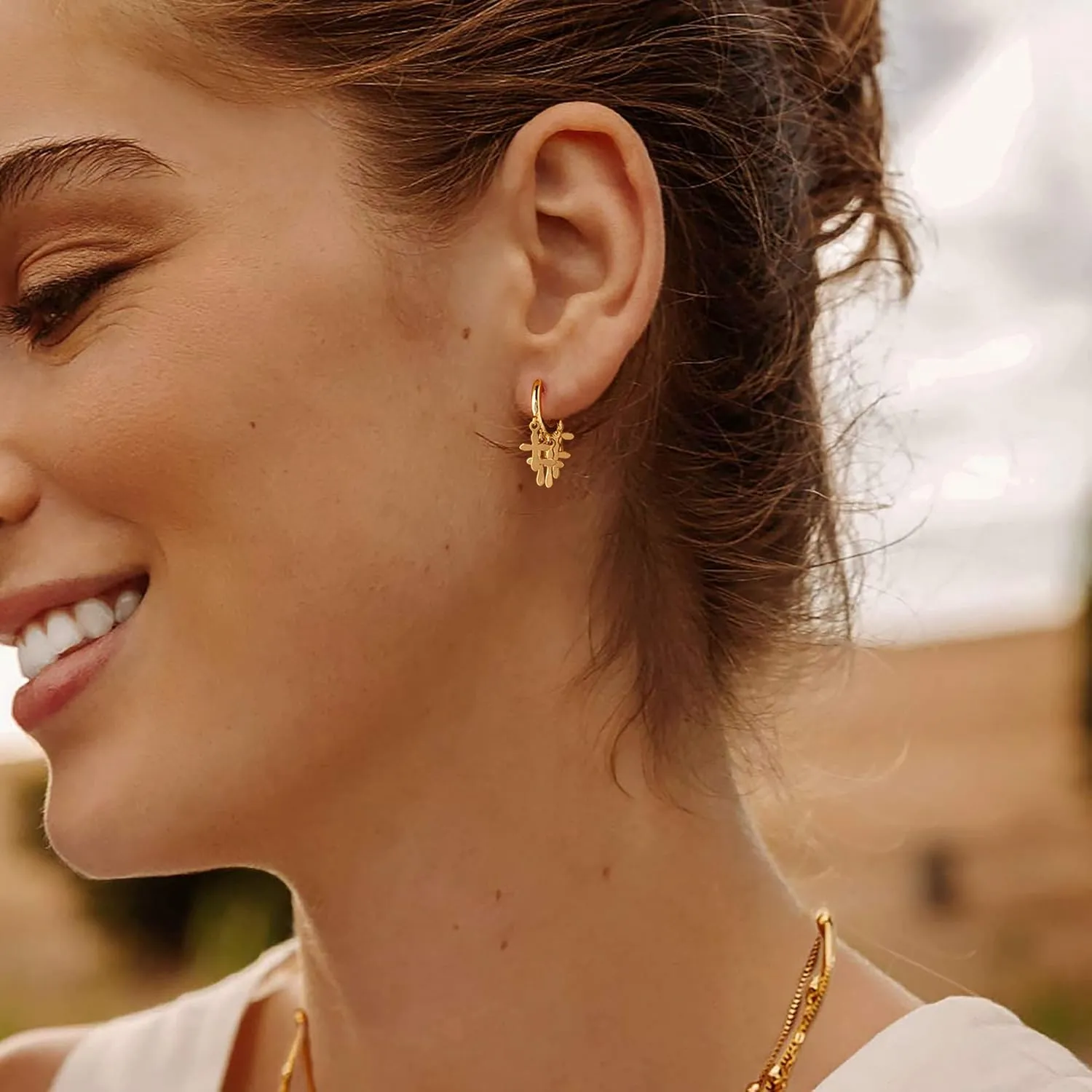 Gold Dainty Huggie Hoop Earrings 14K Gold Filled Simple Charm Evil Eye Earrings Open Drop Dangle Cross Coin Star Venice Snake Chain Hypoallergenic Tassel Earrings for Women