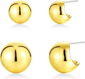 Gold Half Ball Stud Earring: 14k Gold Plated Hoop Sterling Silver Pin - Silver Tiny Cute Unique Delicate Hypoallergenic Pierced Sensitive Ear Valentine's Day Birthday Christmas Jewelry Gift for Women