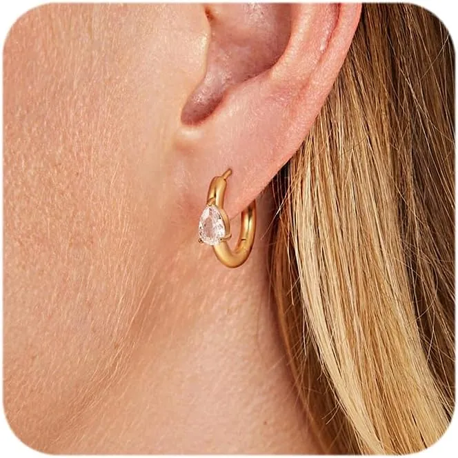 Gold Hoop Earrings for Women Trendy, 14k Real Gold Plated Cubic Zirconia Teardrop Diamond Huggie Earrings Sterling Silver Post Hypoallergenic Lightweight Dainty Minimalist Jewelry